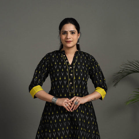  Black Mercerised Cotton A-Line Pochampally Ikat Kurta for Women