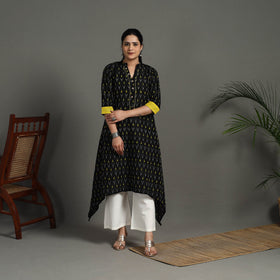  Black Mercerised Cotton A-Line Pochampally Ikat Kurta for Women