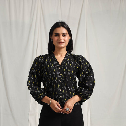 Buy Black Mercerised Cotton Pochampally Ikat Crop Top