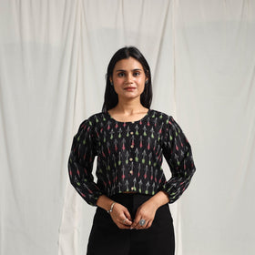 Buy Black Mercerised Cotton Pochampally Ikat Crop Top
