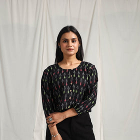 Buy Black Mercerised Cotton Pochampally Ikat Crop Top