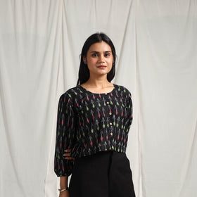 Buy Black Mercerised Cotton Pochampally Ikat Crop Top