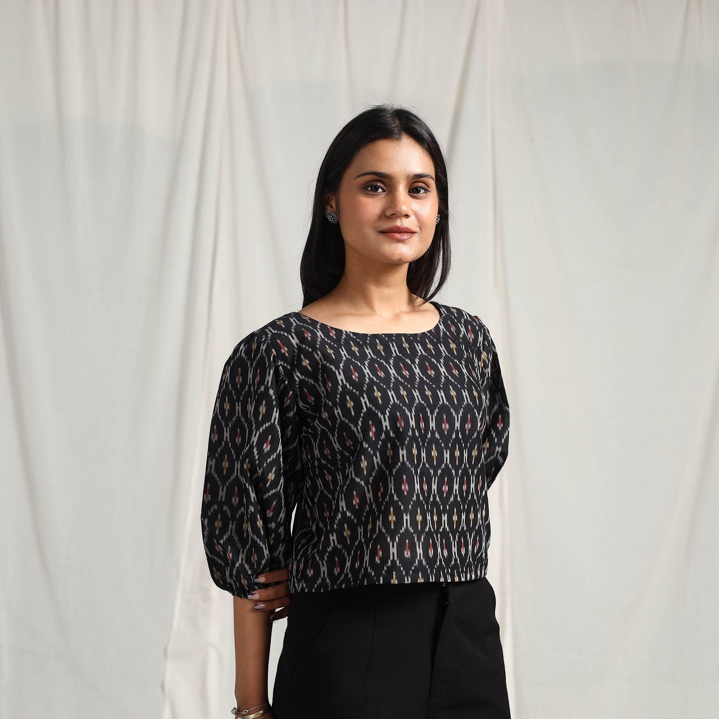 Buy Black Mercerised Cotton Pochampally Ikat Crop Top