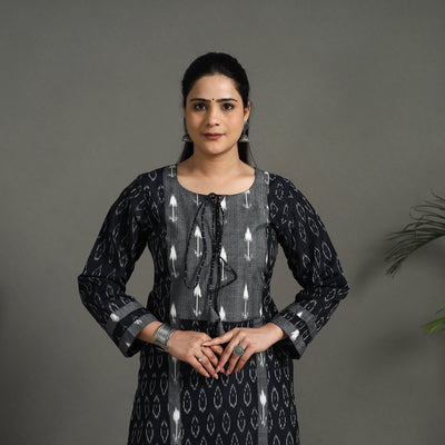 Black - Mercerised Cotton Straight Pochampally Ikat Kurta 11