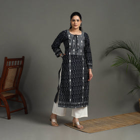 Black - Mercerised Cotton Straight Pochampally Ikat Kurta 11