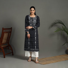 Black - Mercerised Cotton Straight Pochampally Ikat Kurta 11