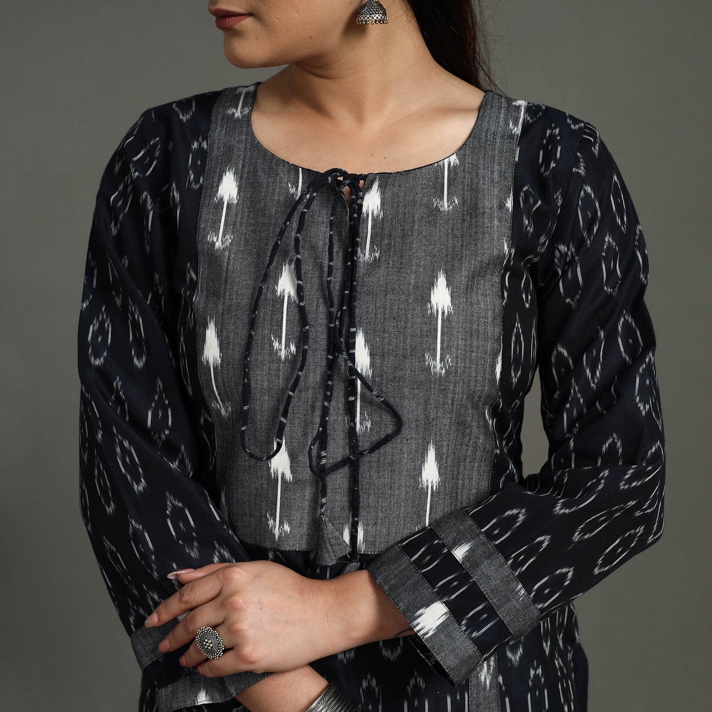 Black - Mercerised Cotton Straight Pochampally Ikat Kurta 11