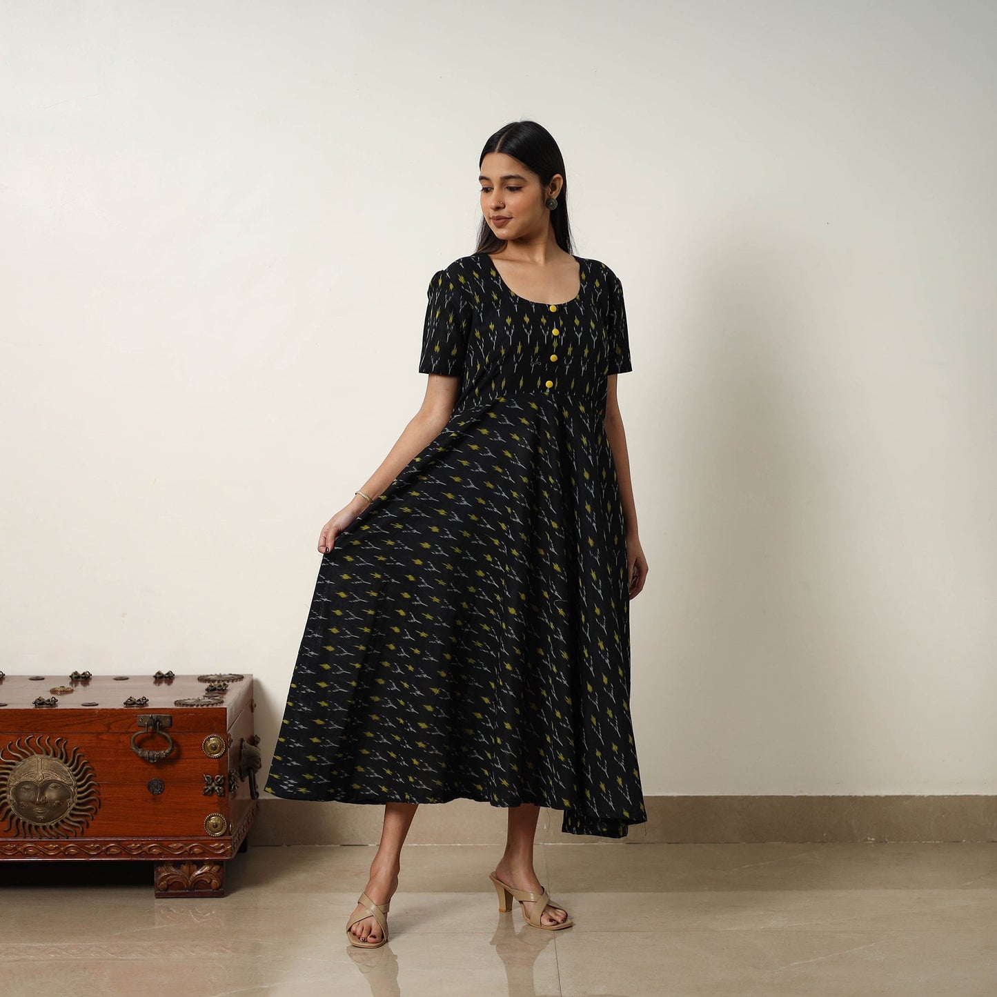  Mercerized Cotton Flared Pochampally Ikat Dress