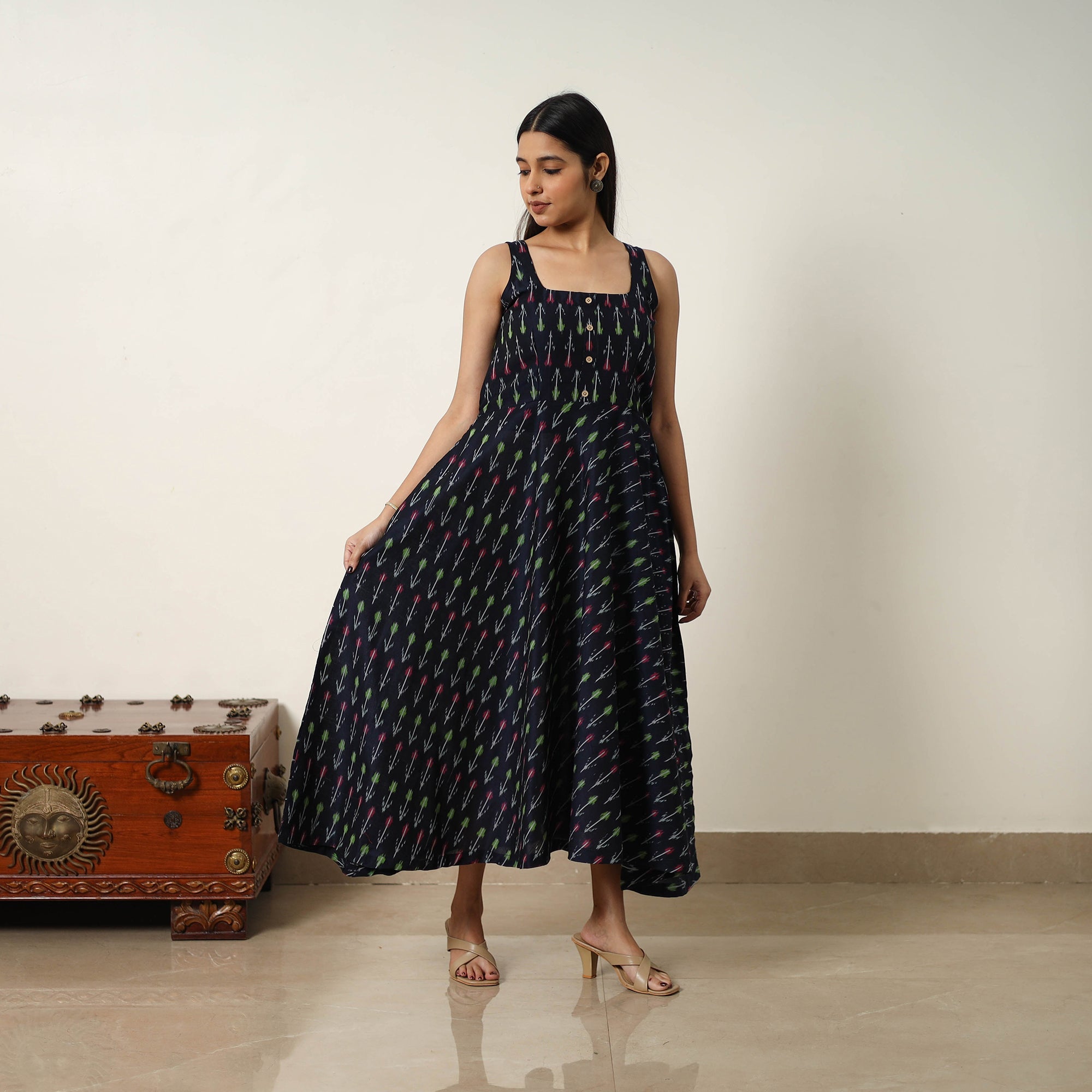 Mercerized Cotton Flared Pochampally Ikat Long Dress Itokri Casuals COJP_JP/KUT/250/20/L