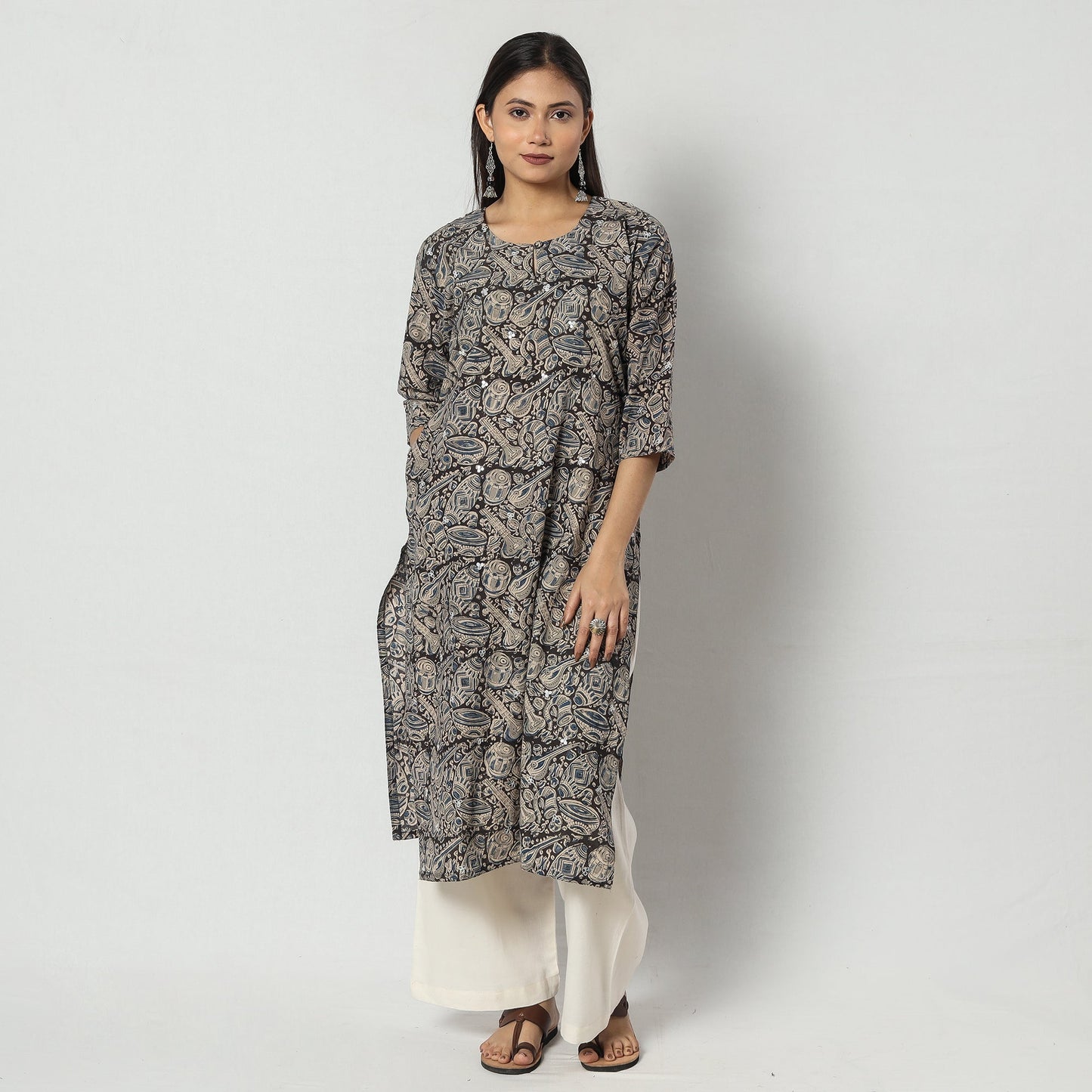 Block Print Mirror Work Cotton Kalamkari Kurta for Women