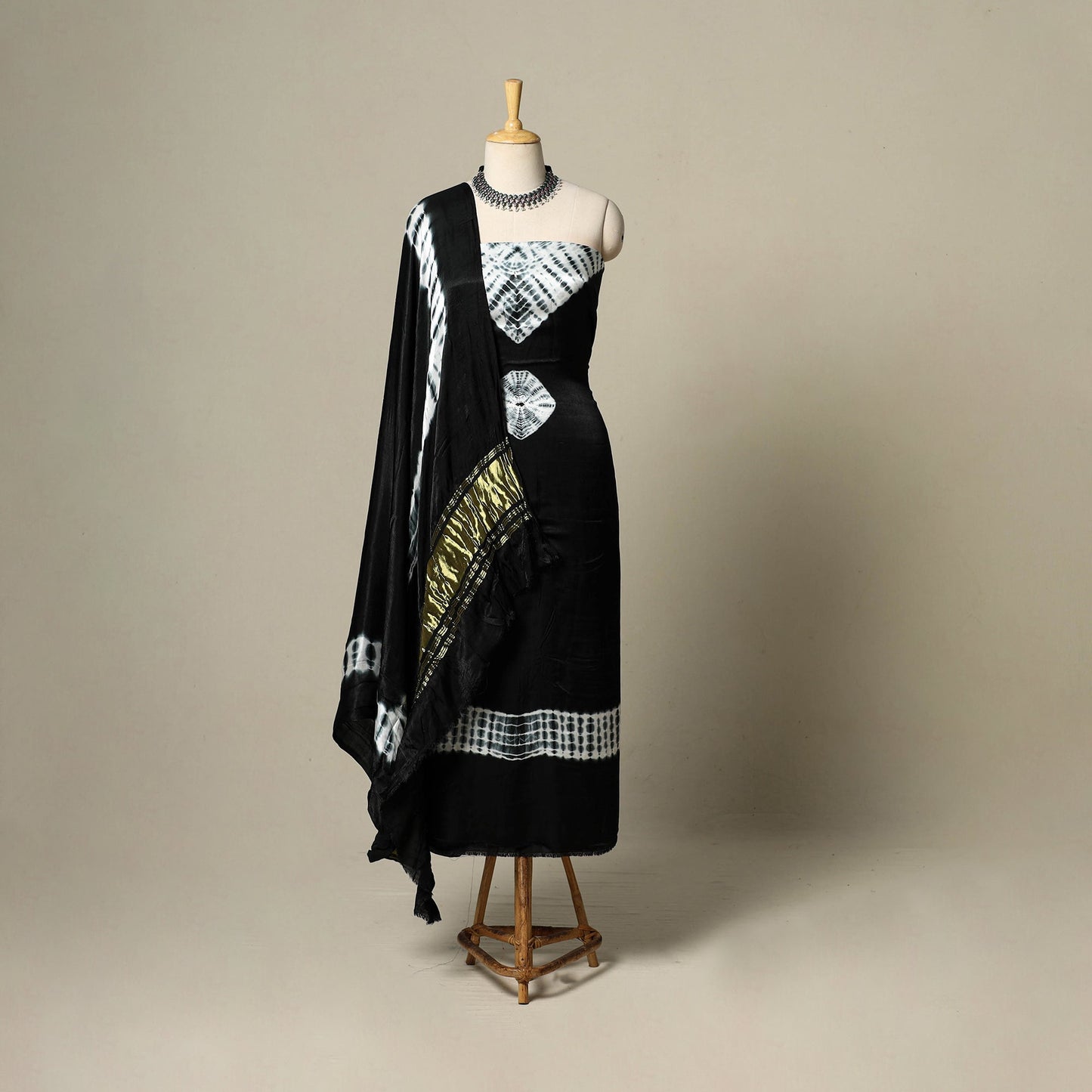 Black - modal silk 3pc unstitched shibori dress material 19