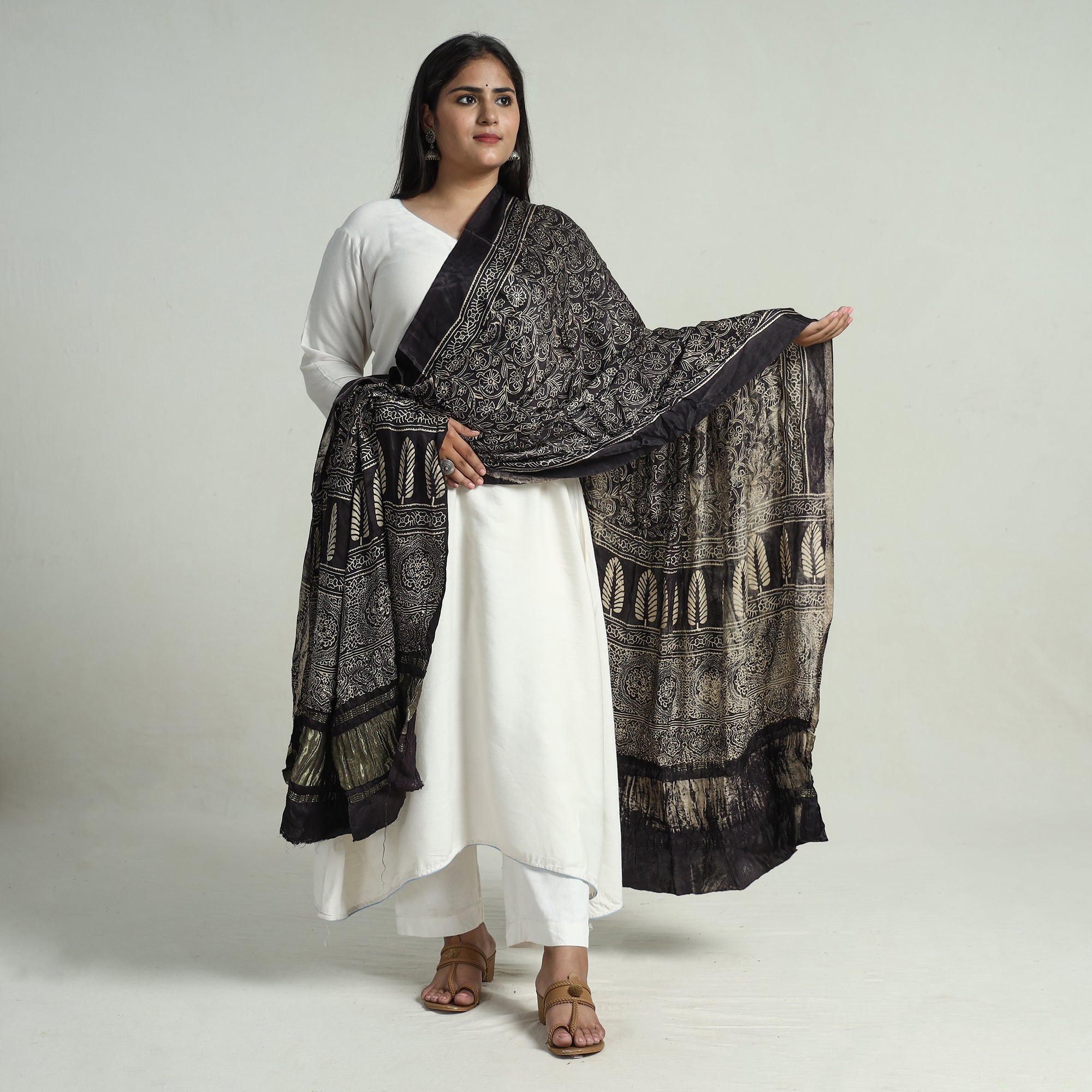 Black Modal Silk Block Print Ajrakh Dupatta