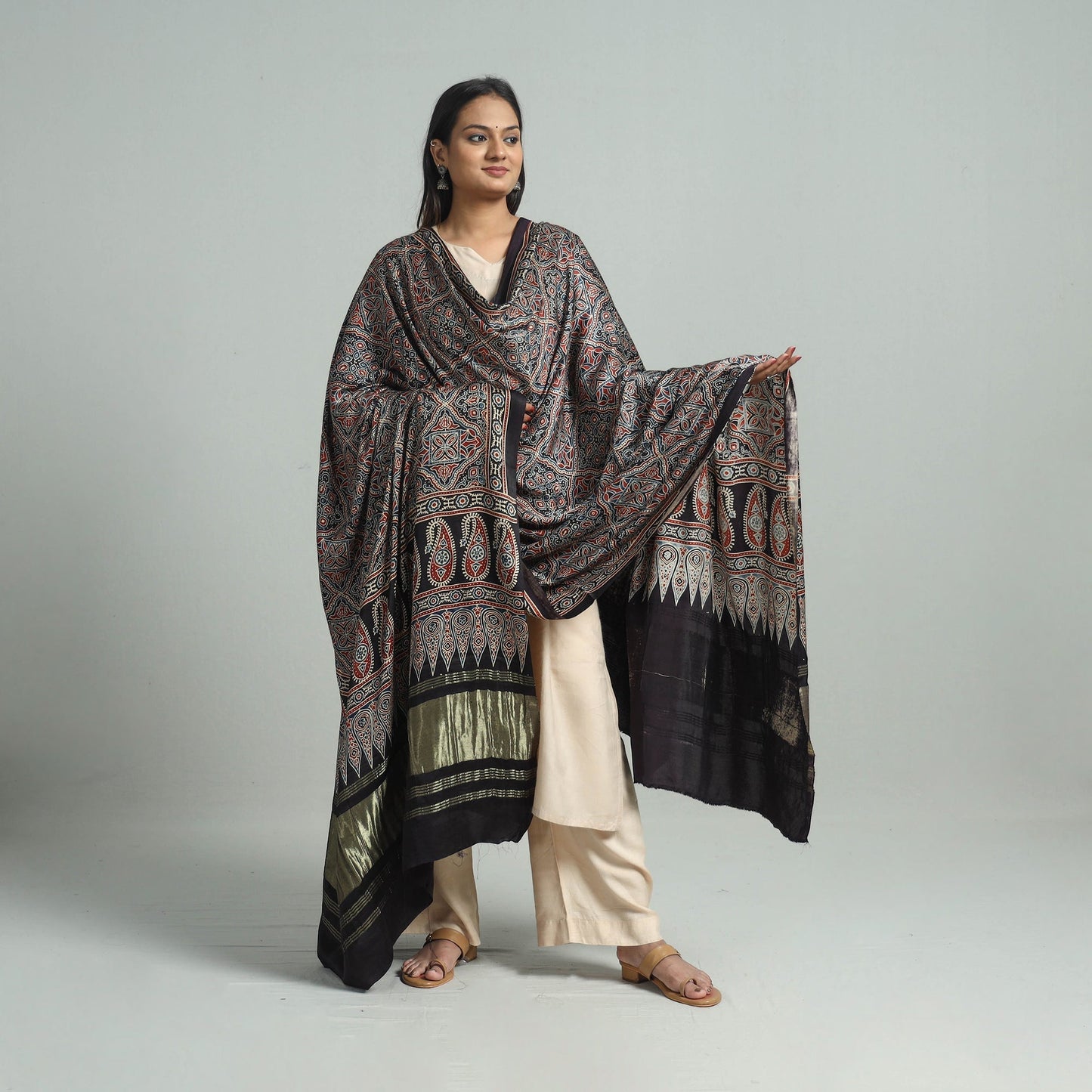 Modal Silk Block Print Ajrakh Dupatta