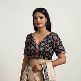 Black Modal Silk Block Print Stitched Ajrakh Blouse 