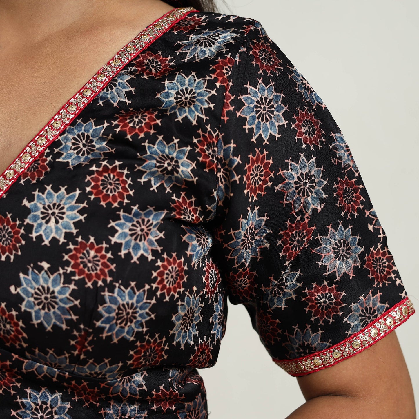 Black Modal Silk Block Print Stitched Ajrakh Blouse 