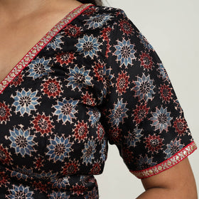 Black Modal Silk Block Print Stitched Ajrakh Blouse 
