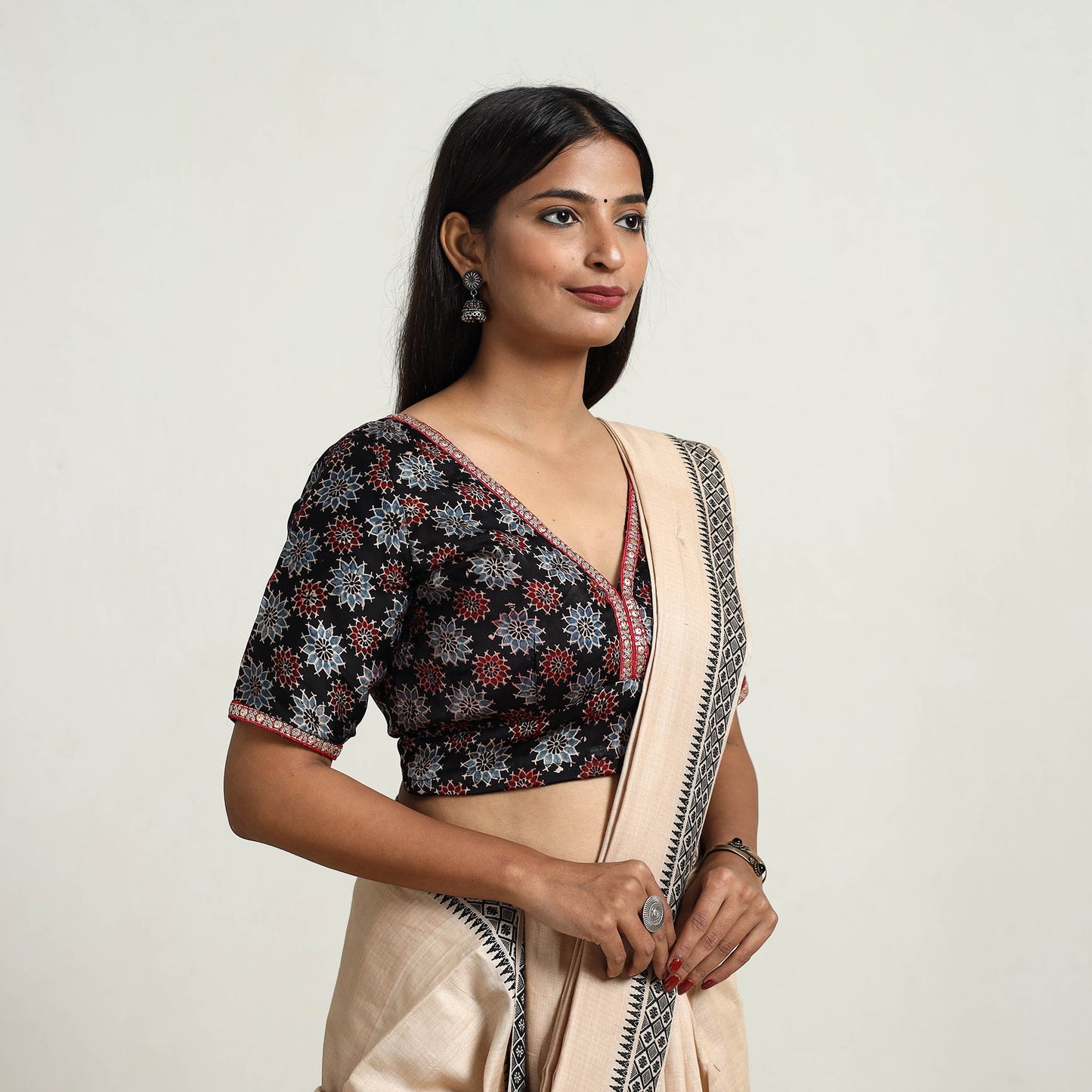 Black Modal Silk Block Print Stitched Ajrakh Blouse 