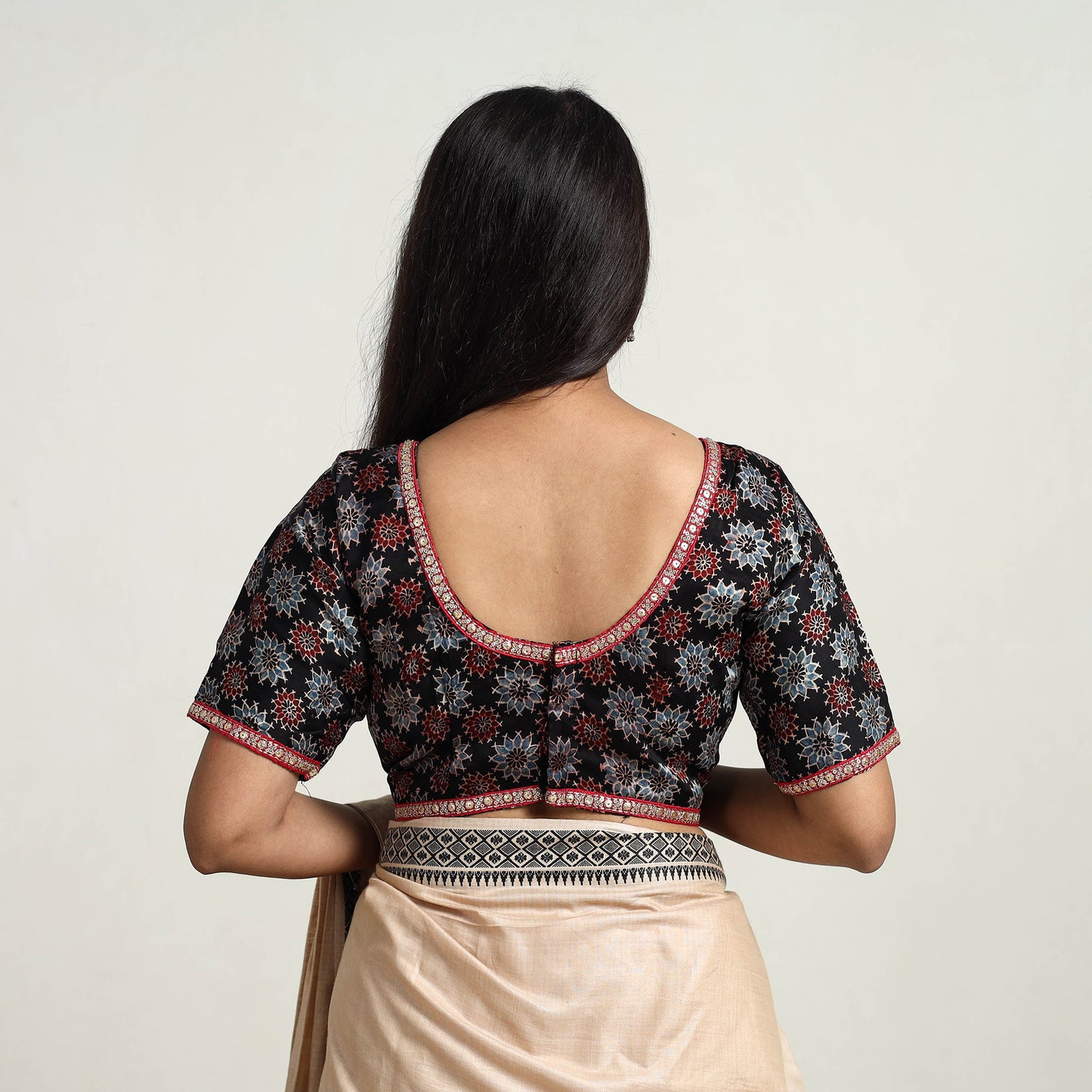 Black Modal Silk Block Print Stitched Ajrakh Blouse 