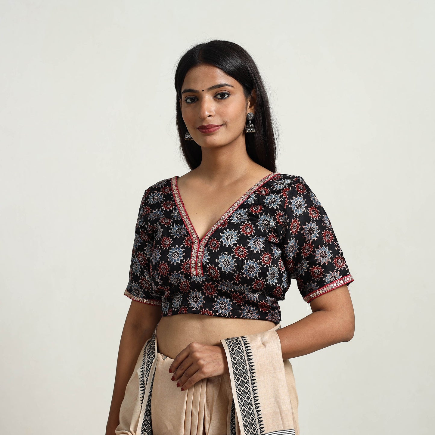 Black Modal Silk Block Print Stitched Ajrakh Blouse 