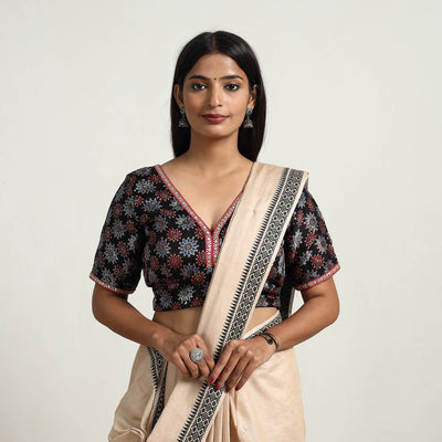 Black Modal Silk Block Print Stitched Ajrakh Blouse 