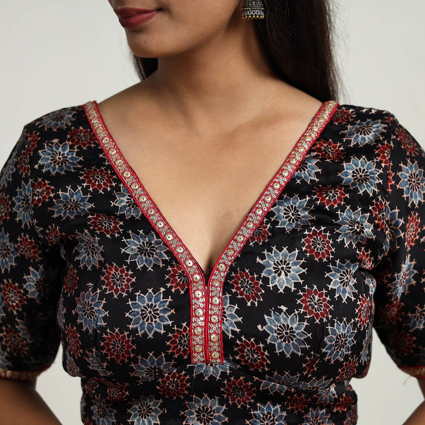 Black Modal Silk Block Print Stitched Ajrakh Blouse 
