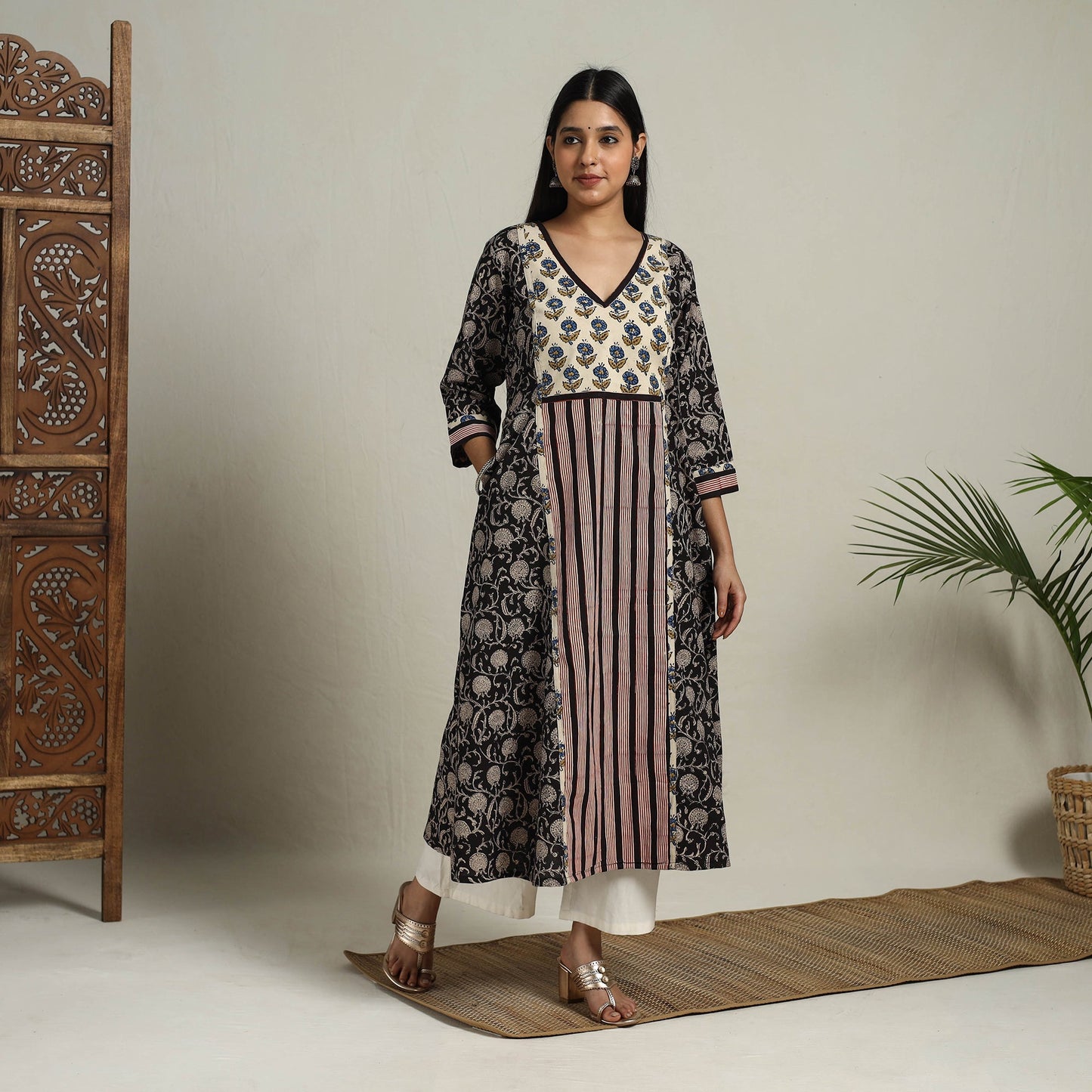 Buy Block Print Mosaic Fusion A-Line Bagru Cotton Black Kurta