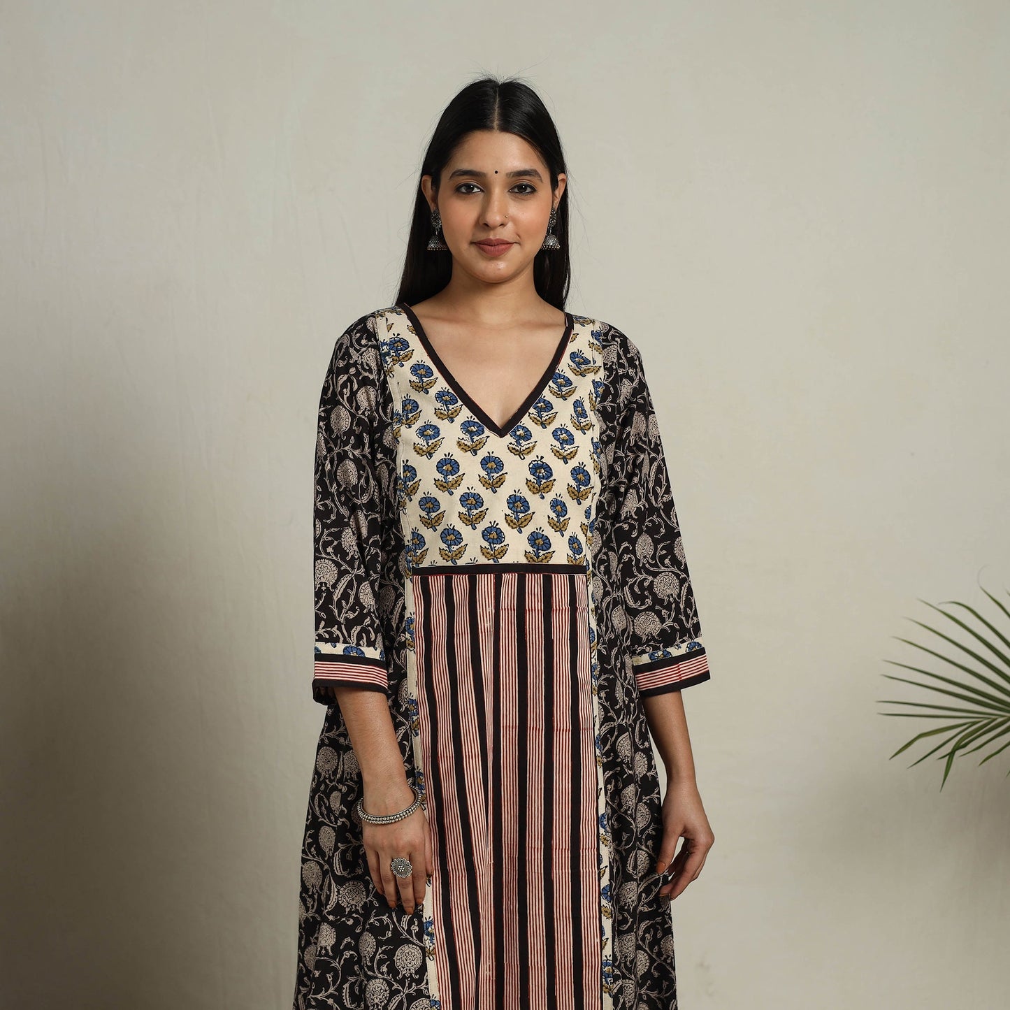 Buy Block Print Mosaic Fusion A-Line Bagru Cotton Black Kurta