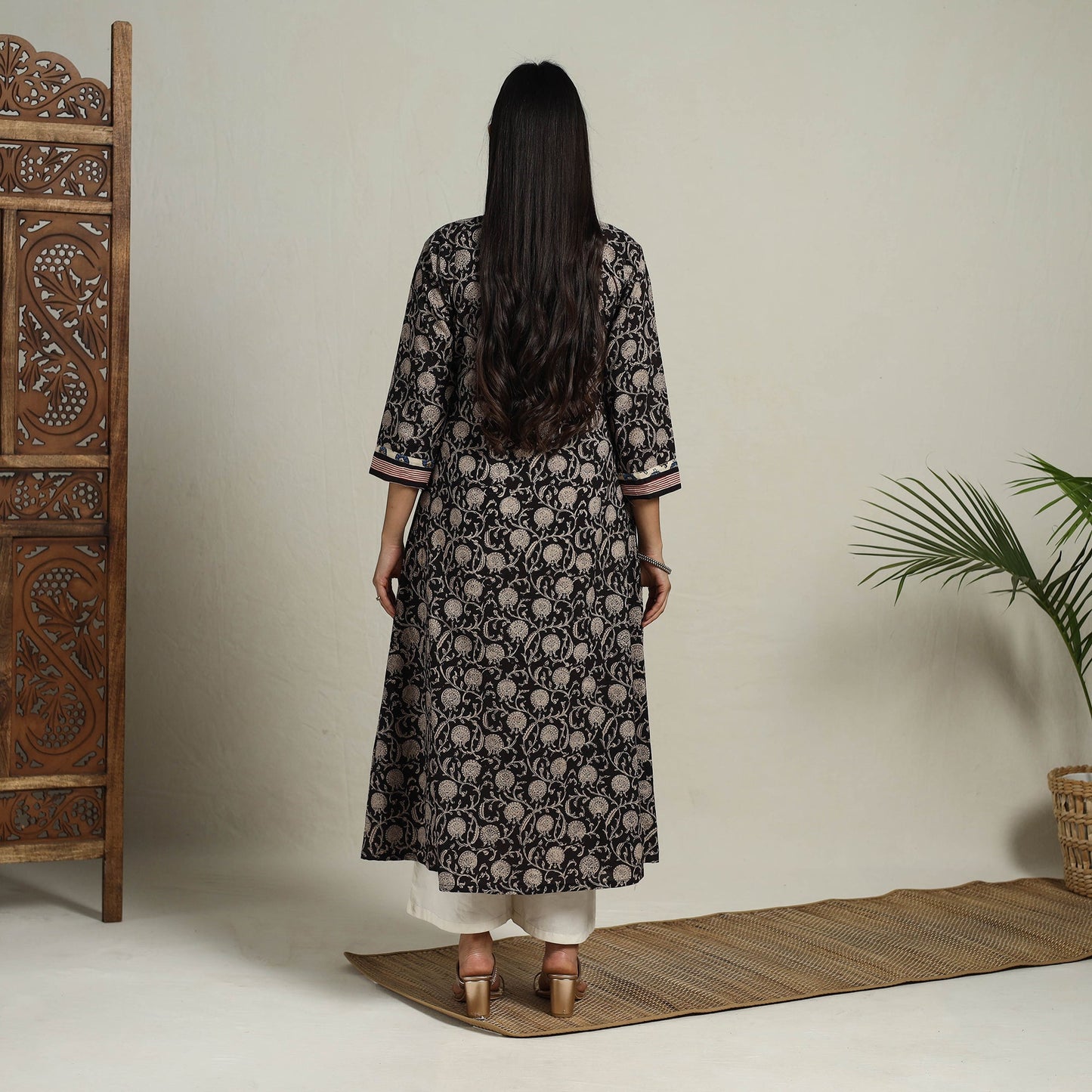 Buy Block Print Mosaic Fusion A-Line Bagru Cotton Black Kurta