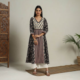 Buy Block Print Mosaic Fusion A-Line Bagru Cotton Black Kurta