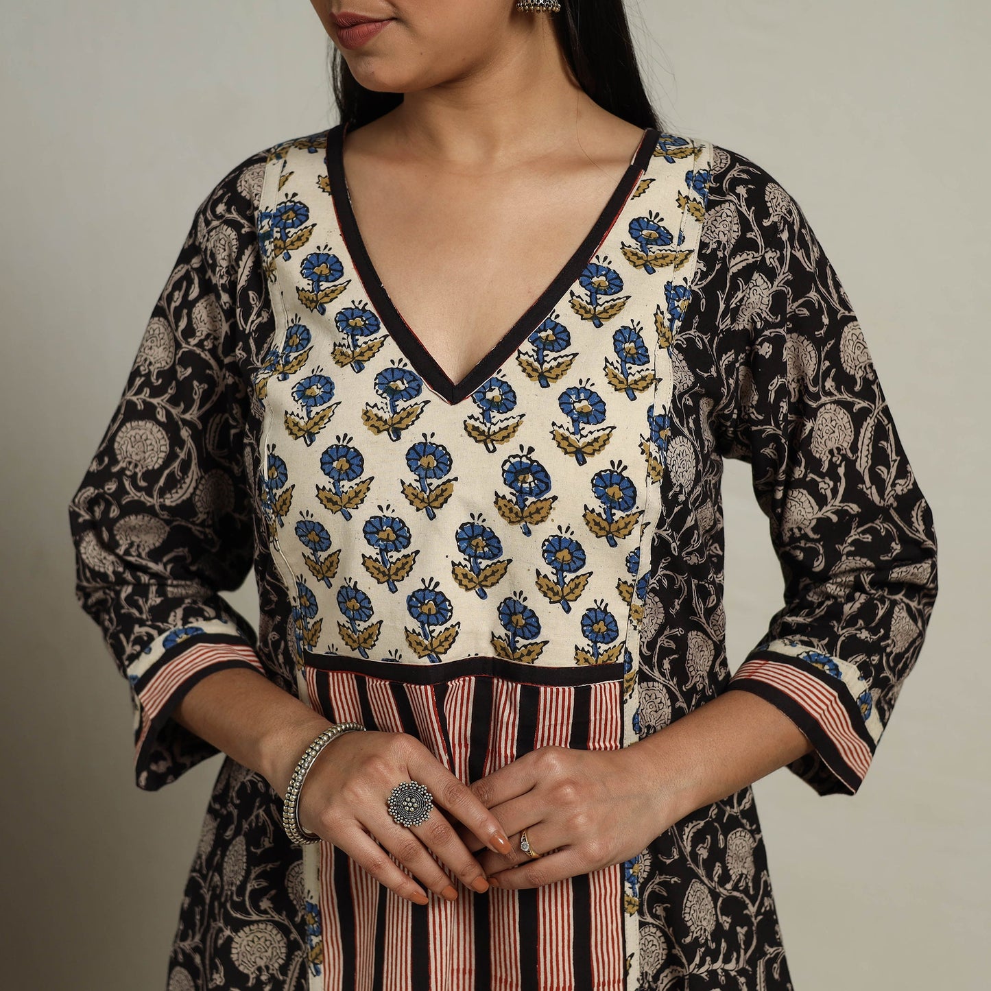 Buy Block Print Mosaic Fusion A-Line Bagru Cotton Black Kurta