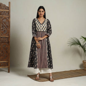 Buy Block Print Mosaic Fusion A-Line Bagru Cotton Black Kurta
