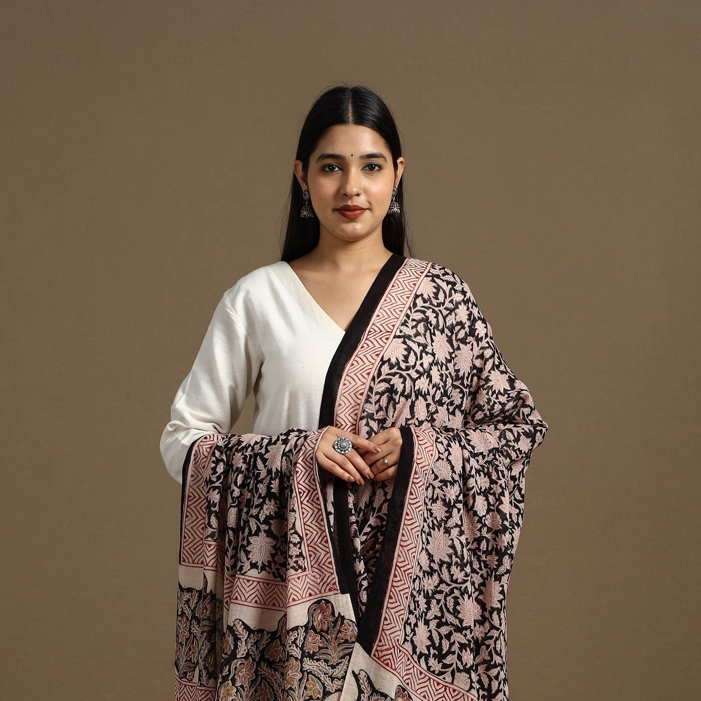 Buy Black Block Print Mul Cotton Bagru Dupatta