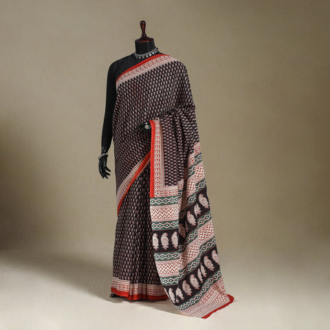 Black Mul Cotton Block Print Bagru Saree
