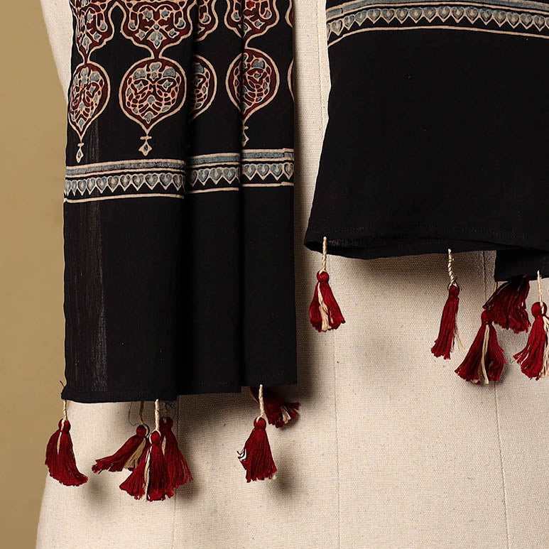 Buy Mul Cotton Block Print Ajrakh Stole with Tassels