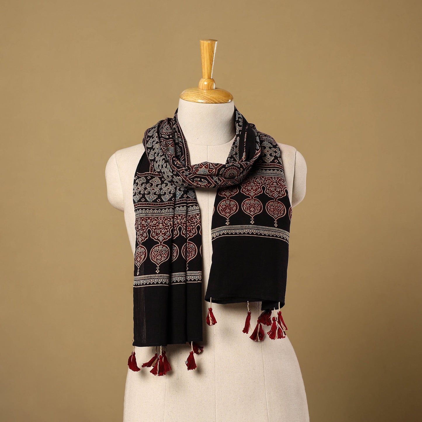 Buy Mul Cotton Block Print Ajrakh Stole with Tassels