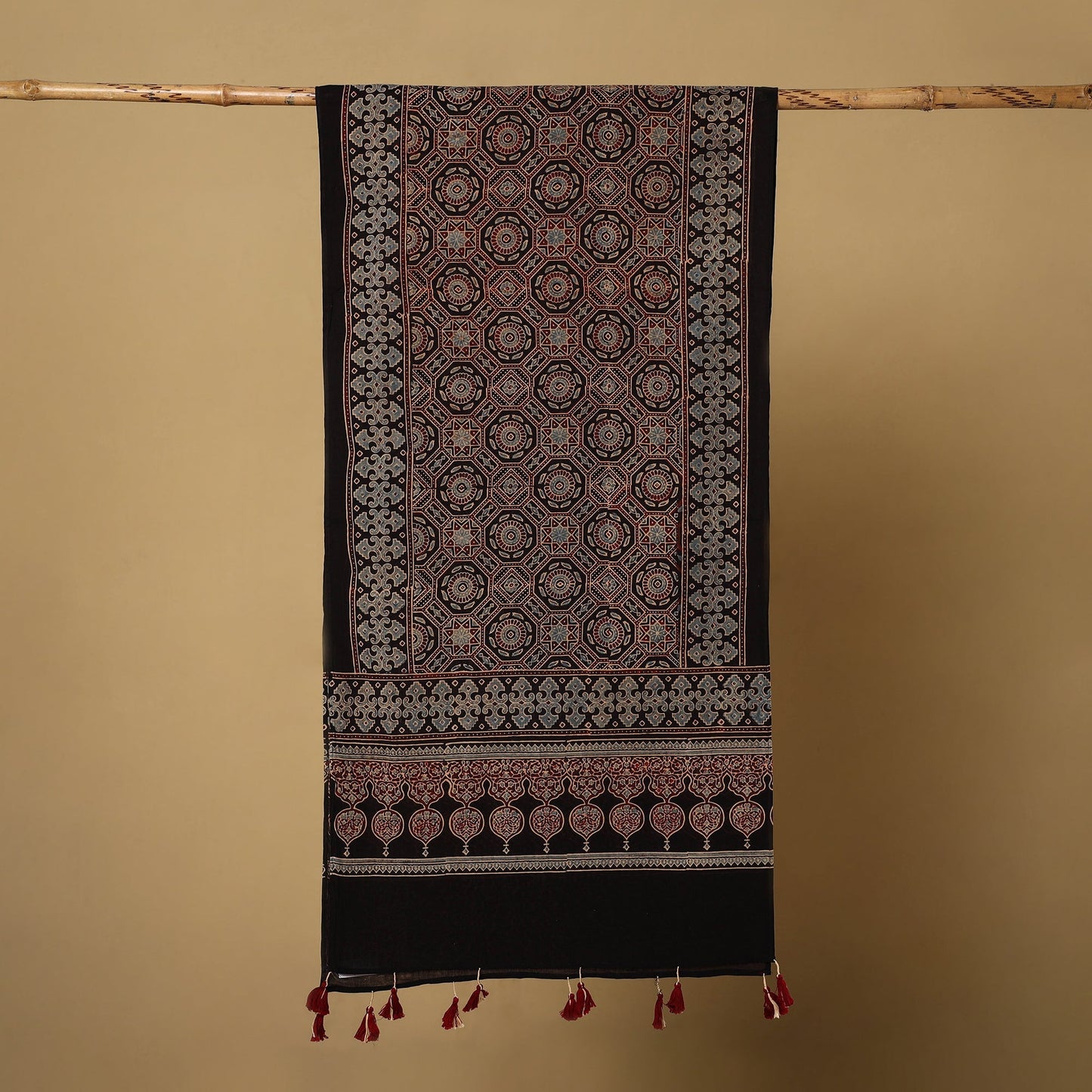 Buy Mul Cotton Block Print Ajrakh Stole with Tassels