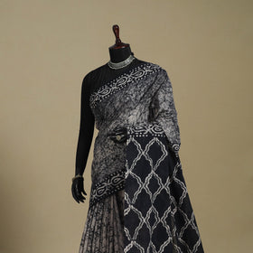 Black - blue - mul cotton hand batik saree 45 - handcrafted