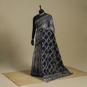 Black - blue - mul cotton hand batik saree 45 - handcrafted