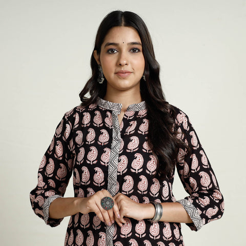 Black Block Print Mul Cotton A-Line Bagh Kurta For Women