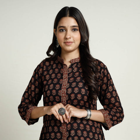 Black Block Print Mul Cotton A-Line Bagh Kurta For Women