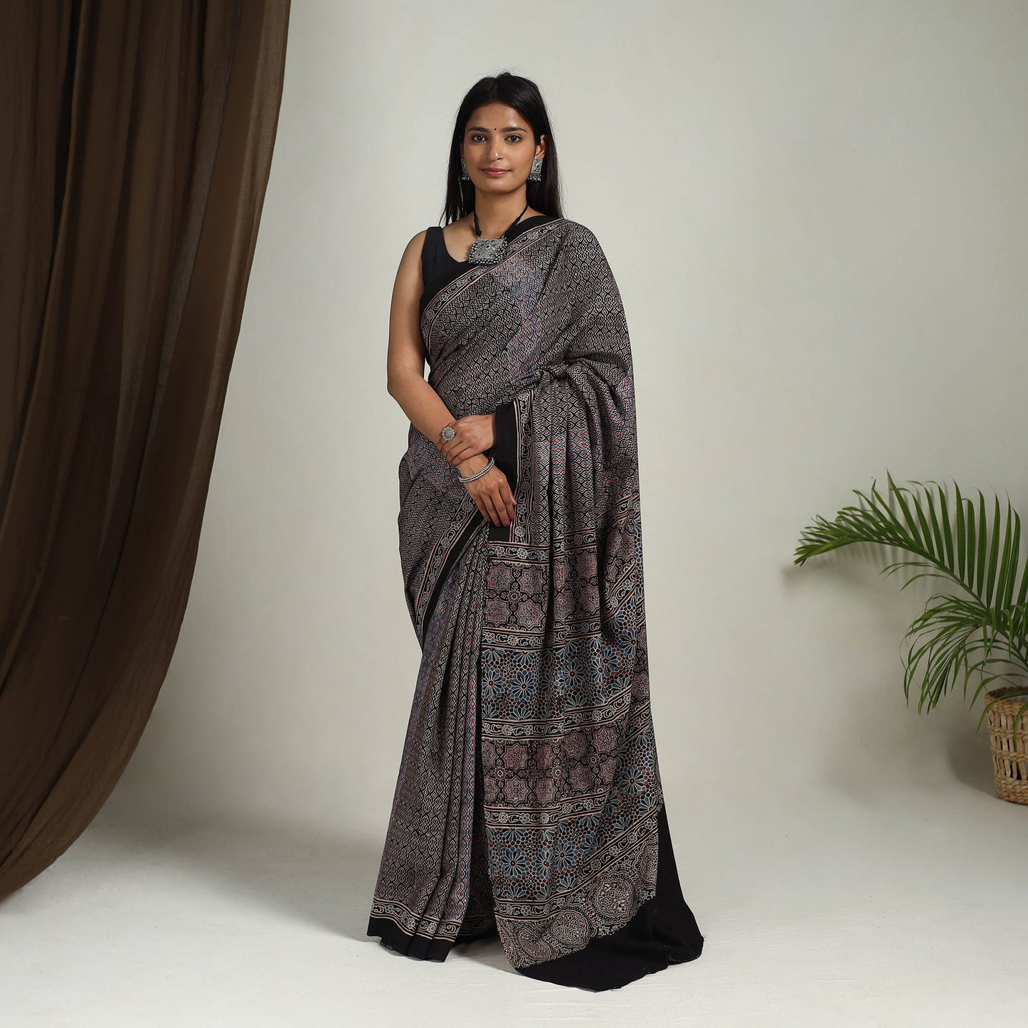 Multicolor - Mul Cotton Block Print Ajrakh Saree 08