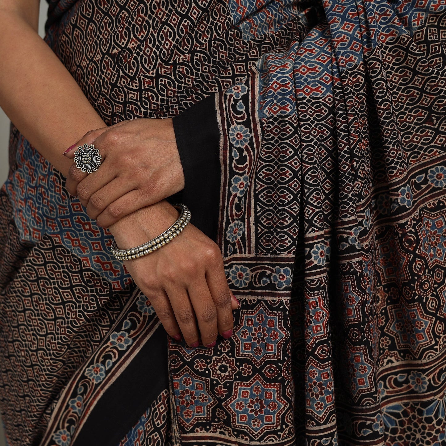 Multicolor - Mul Cotton Block Print Ajrakh Saree 08