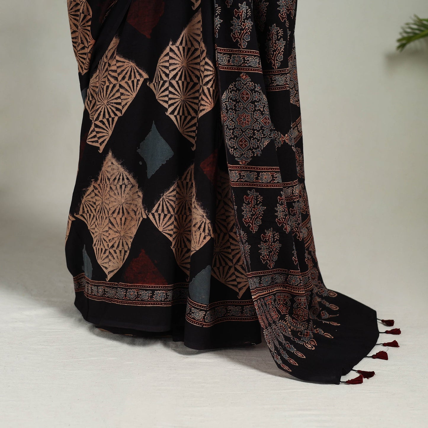 Buy Black Mul Cotton Block Print Ajrakh Saree