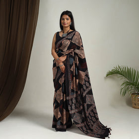 Buy Black Mul Cotton Block Print Ajrakh Saree