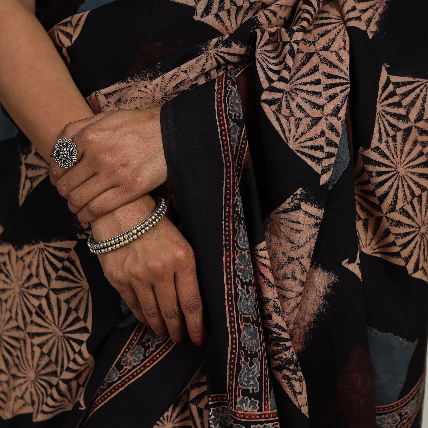 Buy Black Mul Cotton Block Print Ajrakh Saree