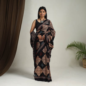 Buy Black Mul Cotton Block Print Ajrakh Saree
