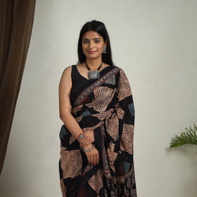Buy Black Mul Cotton Block Print Ajrakh Saree