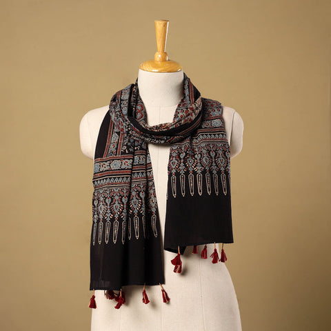 Buy Black Mul Cotton Block Print Ajrakh Stole with Tassels