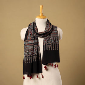 Buy Black Mul Cotton Block Print Ajrakh Stole with Tassels