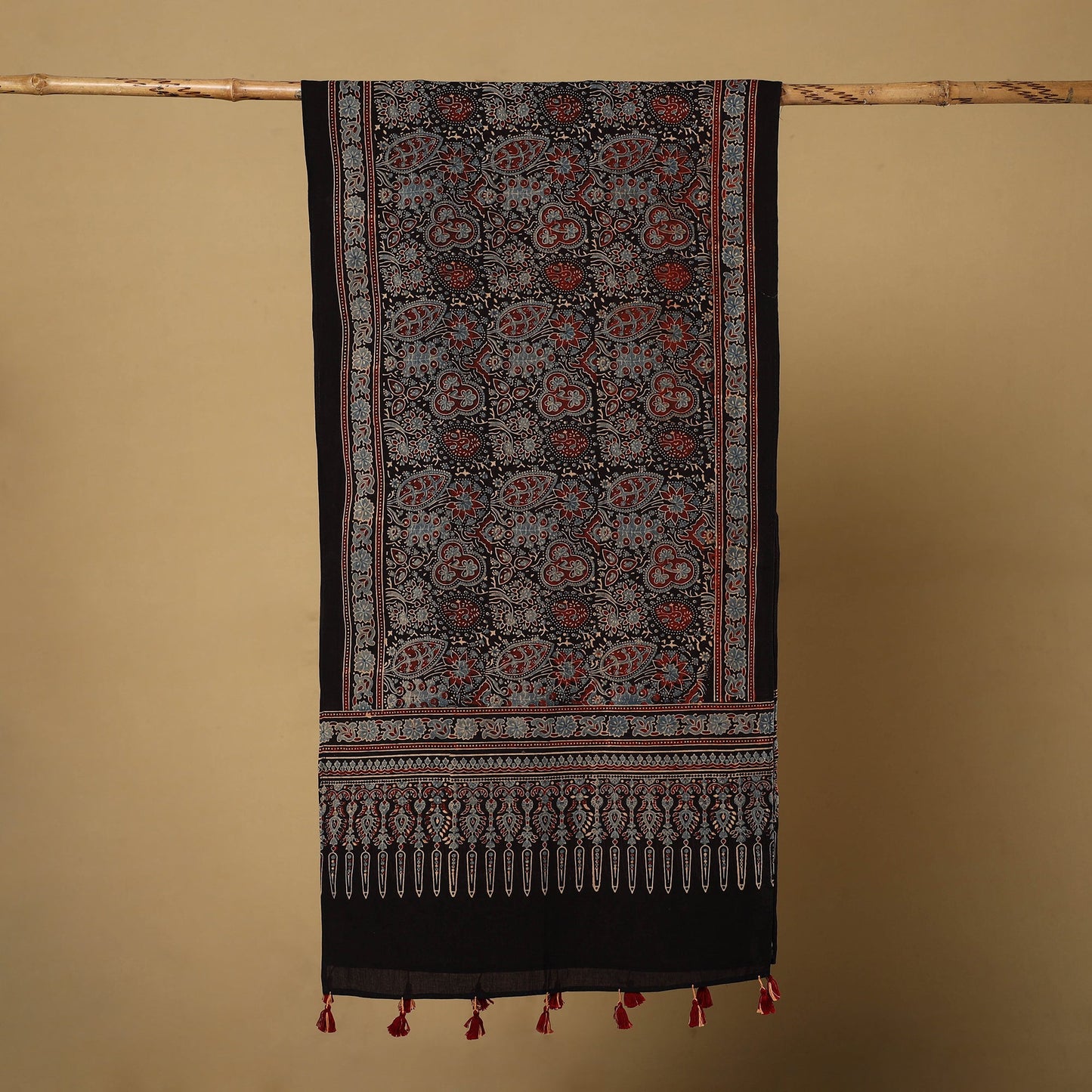 Buy Black Mul Cotton Block Print Ajrakh Stole with Tassels